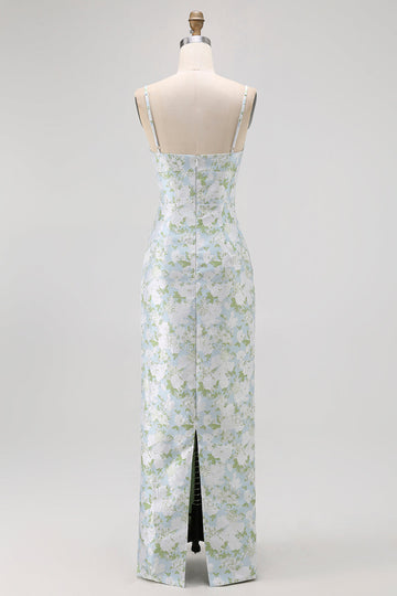 Blå Spaghetti Strap Satin Pastell Blommig Lång Brudtärna Klänning Med Fickor